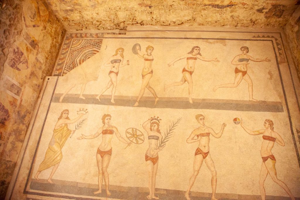 Italy, Sicily – Roman Villa – Villa Romana del Casale – Room of the ten girls with bikinis (00:01:21) High-Quality Images & Videos The MCA Collection