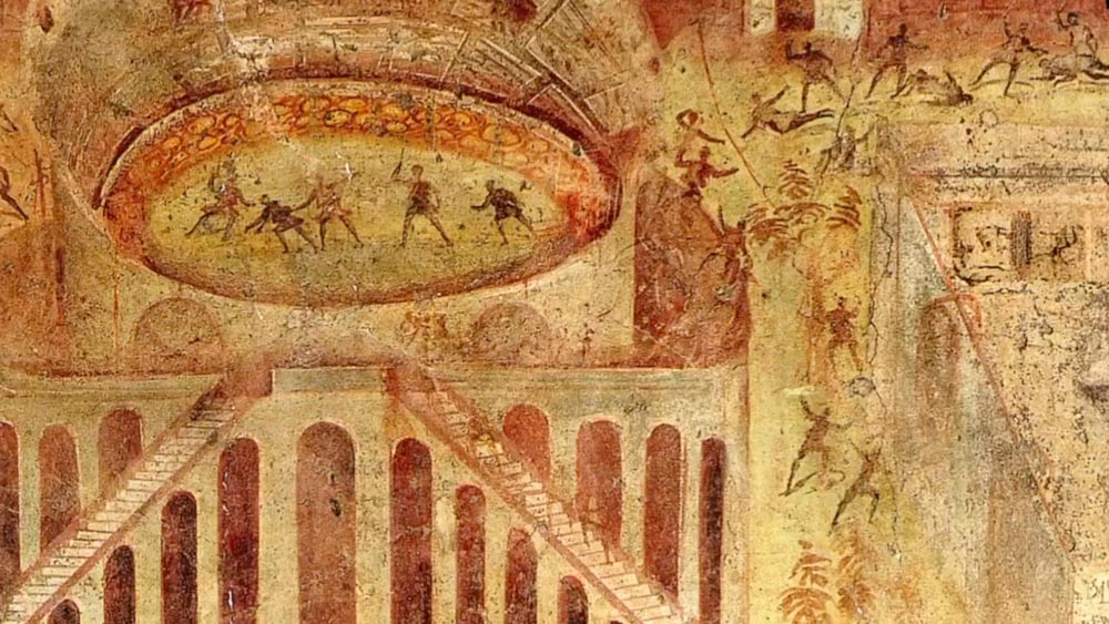 Italy, Pompeii, Pompeian fresco representing the bloody fights, in the Amphitheatre High-Quality Images & Videos The MCA Collection