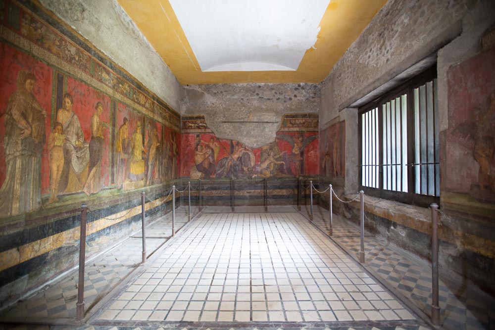 Italy, Pompeii, Villa of the Mysteries, Triclinium with large frieze contains 28 human figures on a podium High-Quality Images & Videos The MCA Collection