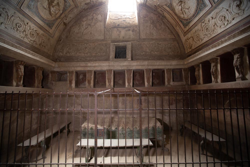 Italy, Pompeii,Forum Baths, view of the Tapidaruim with coloured stucco and shelves separated by telamones15 High-Quality Images & Videos The MCA Collection