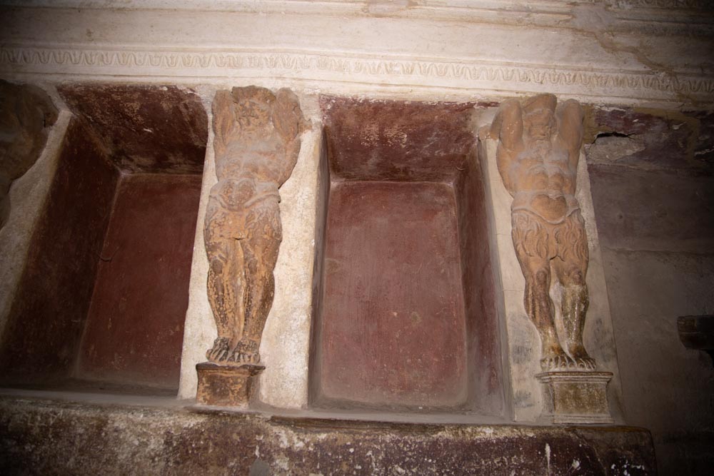 Italy, Pompeii,Forum Baths, view of the Tapidaruim with coloured stucco and shelves separated by telamones4 High-Quality Images & Videos The MCA Collection